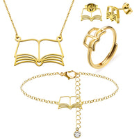 PANTIDE 5Pcs Book Lovers Jewelry Set For Women - Open Book Necklace Gold Plated Earring Ring Bracelet, Bookworm Librarian Reading Club Teacher Gifts, Stainless Steel Jewelry Christmas Birthday Gift