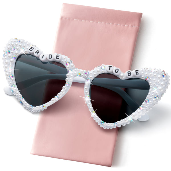 PANTIDE Bride To Be Sunglasses - Rhinestone Pearl Heart Shaped Sunglasses, Bachelorette Bridal Shower Wedding Engagement Party Favors Glasses Accessories, Jewelry Gift for Bridesmaid Women (White)