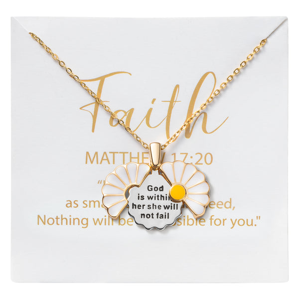 PANTIDE Christian Daisy Locket Necklace for Women Girls - God Is Within Her She Will Not Fail Engraved Faith Religious Necklace Inspirational Stainless Steel Necklace Jewelry Birthday Gift (Silver)