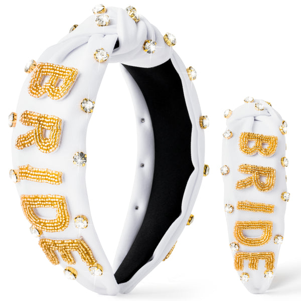 PANTIDE Bride Jeweled Knotted Headband - Rhinestone Crystal Embellished Headband Wide Top Knot Fashion Hairband Hair Accessories Wedding Bridal Shower Bachelorette Party Gift for Women Girls (White)