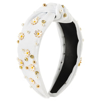 PANTIDE Daisy Jeweled Knotted Headband - Rhinestone Crystal Beads Embellished Headband Wide Top Knot Fashion Hairband Hair Accessories Summer Birthday Holiday Christmas Gift for Women Girls (White)