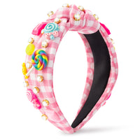 PANTIDE Candy Jeweled Knotted Headband - Rainbow Lollipop Rhinestone Crystal Embellished Preppy Headband Non Slip Wide Top Knot Fashion Hairband Accessories Birthday Gift for Women Girls (Pink Plaid)