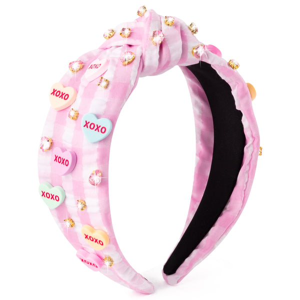PANTIDE Conversation Heart Jeweled Knotted Headband - Valentine's Day XOXO Love Candy Rhinestone Embellished Headband Wide Top Knot Fashion Hairband Christmas Birthday Gift for Women Girl (Pink Plaid)