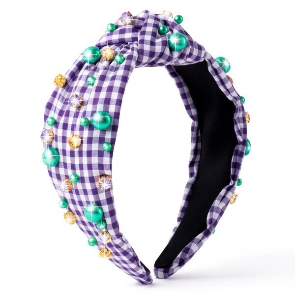 PANTIDE Mardi Gras Jeweled Knotted Headband - Carnival Green Pearl Rhinestone Beads Embellished Headband Wide Top Knot Fashion Hair Accessories Parade Birthday Gift for Women Girl (Purple Plaid)