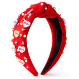 PANTIDE Conversation Heart Jeweled Knotted Headband - Valentine's Day XOXO Love Candy Rhinestone Pearl Embellished Headband Wide Top Knot Fashion Hairband Christmas Birthday Gift for Women Girl (Red)