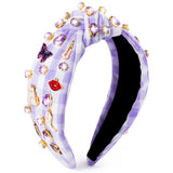 PANTIDE Music Jeweled Knotted Headband - Singer Fans Gift Guitar Red Lip Rhinestone Crystal Embellished Headband Wide Top Knot Hair Accessories Birthday Christmas Gift for Women Girl (Purple Plaid)