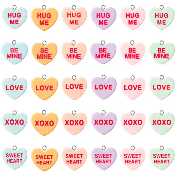 PANTIDE 60Pcs Valentine's Day Conversation Heart Candy Charms Colorful Resin Heart Shaped Pendant Jewelry Making Necklace Bracelet Earring DIY Art Craft Accessories for Valentines Day Anniversary