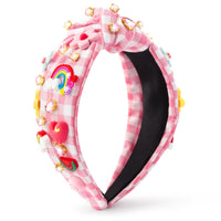 PANTIDE Floral Jeweled Knotted Headband - Rainbow Rhinestone Crystal Embellished Headband Non Slip Wide Top Knot Fashion Hairband Hair Accessories Summer Birthday Gift for Women Girls (Pink Plaid)