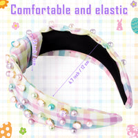 PANTIDE Easter Jeweled Knotted Headband - Colorful Pearl Rhinestone Beads Embellished Headband Non Slip Wide Top Knot Costume Hairband Hair Accessories Spring Birthday Gift for Women Girls (Plaid)