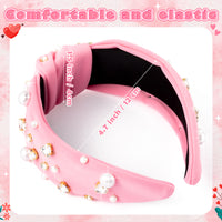 PANTIDE Pearl Jeweled Knotted Headband - Valentine's Day Heart Rhinestone Crystal Pearl Embellished Headband Wide Top Knot Fashion Hairband Accessories Christmas Birthday Gift for Women Girls (Pink)