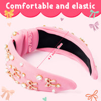 PANTIDE Coquette Pink Bow Jeweled Knotted Headband - Rhinestone Crystal Pearl Embellished Preppy Trendy Headband Wide Top Knot Non Slip Fashion Hairband Accessories Birthday Gift for Women Girl (Pink)