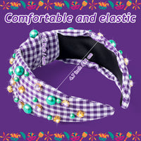 PANTIDE Mardi Gras Jeweled Knotted Headband - Carnival Green Pearl Rhinestone Beads Embellished Headband Wide Top Knot Fashion Hair Accessories Parade Birthday Gift for Women Girl (Purple Plaid)