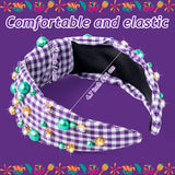 PANTIDE Mardi Gras Jeweled Knotted Headband - Carnival Green Pearl Rhinestone Beads Embellished Headband Wide Top Knot Fashion Hair Accessories Parade Birthday Gift for Women Girl (Purple Plaid)