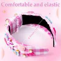 PANTIDE Candy Jeweled Knotted Headband - Sugar Lollipop Rhinestone Crystal Embellished Preppy Headband Wide Top Knot Fashion Hairband Hair Accessories Birthday Gift for Women Girls (Pink Plaid)