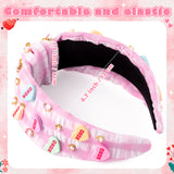 PANTIDE Conversation Heart Jeweled Knotted Headband - Valentine's Day XOXO Love Candy Rhinestone Embellished Headband Wide Top Knot Fashion Hairband Christmas Birthday Gift for Women Girl (Pink Plaid)