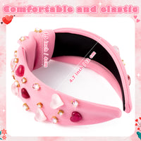 PANTIDE Heart Jeweled Knotted Headband - Valentine's Day Heart Rhinestone CrystalEmbellished Headband Wide Top Knot Fashion Hairband Accessories Christmas Birthday Gift for Women Girls (Pink)