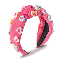 PANTIDE Conversation Heart Knotted Headband Valentine's Day Love Candy Embellished Headband Non Slip Wide Top Knot Fashion Hairband Hair Accessories Christmas Birthday Gift for Women Girls (Hot Pink)