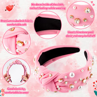 PANTIDE Pearl Jeweled Knotted Headband - Valentine's Day Heart Rhinestone Crystal Pearl Embellished Headband Wide Top Knot Fashion Hairband Accessories Christmas Birthday Gift for Women Girls (Pink)
