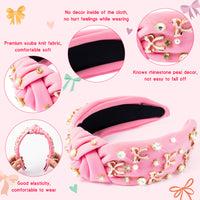 PANTIDE Coquette Pink Bow Jeweled Knotted Headband - Rhinestone Crystal Pearl Embellished Preppy Trendy Headband Wide Top Knot Non Slip Fashion Hairband Accessories Birthday Gift for Women Girl (Pink)