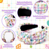 PANTIDE Easter Jeweled Knotted Headband - Colorful Pearl Rhinestone Beads Embellished Headband Non Slip Wide Top Knot Costume Hairband Hair Accessories Spring Birthday Gift for Women Girls (Plaid)