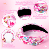 PANTIDE Candy Jeweled Knotted Headband - Sugar Lollipop Rhinestone Crystal Embellished Preppy Headband Wide Top Knot Fashion Hairband Hair Accessories Birthday Gift for Women Girls (Pink Plaid)