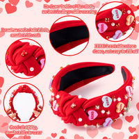 PANTIDE Conversation Heart Jeweled Knotted Headband - Valentine's Day XOXO Love Candy Rhinestone Pearl Embellished Headband Wide Top Knot Fashion Hairband Christmas Birthday Gift for Women Girl (Red)