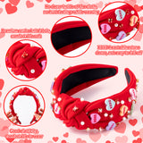 PANTIDE Conversation Heart Jeweled Knotted Headband - Valentine's Day XOXO Love Candy Rhinestone Pearl Embellished Headband Wide Top Knot Fashion Hairband Christmas Birthday Gift for Women Girl (Red)