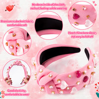 PANTIDE Heart Jeweled Knotted Headband - Valentine's Day Heart Rhinestone CrystalEmbellished Headband Wide Top Knot Fashion Hairband Accessories Christmas Birthday Gift for Women Girls (Pink)