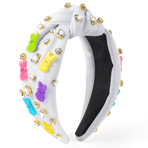 PANTIDE Easter Bunny Jeweled Knotted Headband - Peeps Rabbit Rhinestone Crystal Embellished Headband Wide Top Knot Fashion Hairband Hair Accessories Easter Spring Birthday Gift for Women Girls (White)