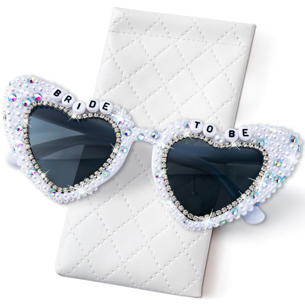 PANTIDE Bride To Be Sunglasses - Rhinestone Crystal Pearl Heart Shaped Sunglasses, Bachelorette Bridal Shower Wedding Engagement Party Glasses Accessories, Jewelry Gift for Bridesmaid Women (White)