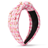 PANTIDE Coquette Pink Bow Jeweled Knotted Headband - Rhinestone Crystal Pearl Embellished Preppy Trendy Headband Wide Top Knot Non Slip Fashion Accessories Birthday Gift for Women Girls (Pink Plaid)