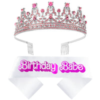 PANTIDE Birthday Babe Sash Crown Set Pink Rhinestone Crystal Tiara with Comb Glitter Princess Queen Headband Hair Accessories Happy Birthday Prom Party Decoration Valentine’s Day Gift for Women Girls