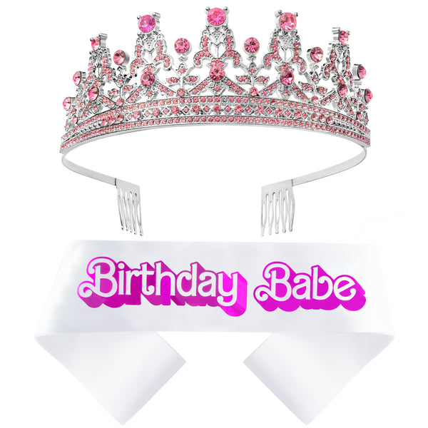 PANTIDE Birthday Babe Sash Crown Set Pink Rhinestone Crystal Tiara with Comb Glitter Princess Queen Headband Hair Accessories Happy Birthday Prom Party Decoration Valentine’s Day Gift for Women Girls