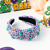PANTIDE Mardi Gras Jeweled Knotted Headband - Carnival Green Pearl Rhinestone Beads Embellished Headband Wide Top Knot Fashion Hair Accessories Parade Birthday Gift for Women Girl (Purple Plaid)