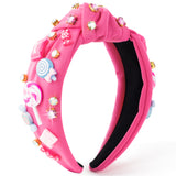 PANTIDE Candy Jeweled Knotted Headband - Sugar Lollipop Rhinestone Crystal Embellished Preppy Headband Non Slip Wide Top Knot Fashion Hairband Hair Accessories Birthday Gift for Women Girls (Pink)