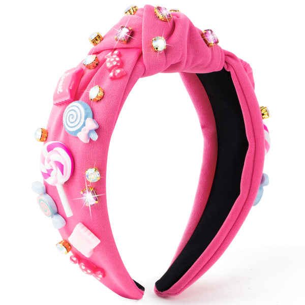 PANTIDE Candy Jeweled Knotted Headband - Sugar Lollipop Rhinestone Crystal Embellished Preppy Headband Non Slip Wide Top Knot Fashion Hairband Hair Accessories Birthday Gift for Women Girls (Pink)