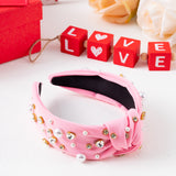 PANTIDE Pearl Jeweled Knotted Headband - Valentine's Day Heart Rhinestone Crystal Pearl Embellished Headband Wide Top Knot Fashion Hairband Accessories Christmas Birthday Gift for Women Girls (Pink)