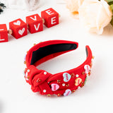 PANTIDE Conversation Heart Jeweled Knotted Headband - Valentine's Day XOXO Love Candy Rhinestone Pearl Embellished Headband Wide Top Knot Fashion Hairband Christmas Birthday Gift for Women Girl (Red)