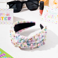 PANTIDE Easter Jeweled Knotted Headband - Colorful Pearl Rhinestone Beads Embellished Headband Non Slip Wide Top Knot Costume Hairband Hair Accessories Spring Birthday Gift for Women Girls (Plaid)