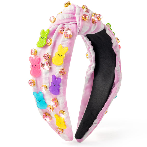 PANTIDE Easter Bunny Jeweled Knotted Headband - Peeps Rabbits Rhinestone Crystal Embellished Headband Wide Top Knot Hairband Hair Accessories Easter Spring Birthday Gift for Women Girls (Pink Plaid)