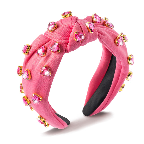 PANTIDE Heart Jeweled Knotted Headband Rose Red Rhinestone Crystal Embellished Headband Non Slip Wide Top Knot Fashion Hairband Hair Accessories Christmas Birthday Gift for Women Girls (Hot Pink)