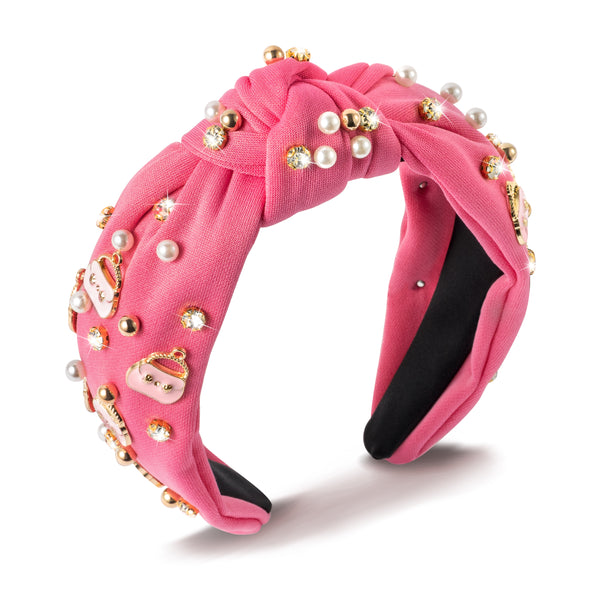 PANTIDE Hot Pink Jeweled Knotted Headband Rhinestone Crystal Pearls Bags Embellished Headband Non Slip Wide Top Knot Fashion Hairband Hair Accessories Christmas Birthday Gift for Women Girls