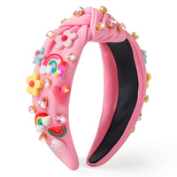 PANTIDE Floral Jeweled Knotted Headband - Rainbow Rhinestone Crystal Embellished Headband Wide Top Knot Fashion Hairband Hair Accessories Summer Birthday Back To School Gift for Women Girls (Pink)