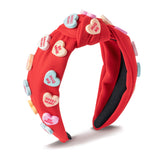 PANTIDE Conversation Heart Knotted Headband Valentine's Day Love Candy Embellished Headband Non Slip Wide Top Knot Fashion Hairband Hair Accessories Christmas Birthday Gift for Women Girls (Red)
