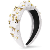 PANTIDE Coquette Black Bow Jeweled Knotted Headband - Rhinestone Crystal Embellished Preppy Trendy Headband Wide Top Knot Non Slip Fashion Hairband Accessories Birthday Gift for Women Girl (White)