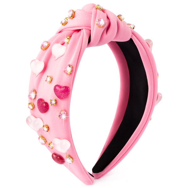 PANTIDE Heart Jeweled Knotted Headband - Valentine's Day Heart Rhinestone CrystalEmbellished Headband Wide Top Knot Fashion Hairband Accessories Christmas Birthday Gift for Women Girls (Pink)