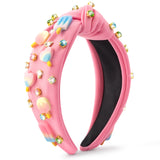 PANTIDE Ice Cream Jeweled Knotted Headband - Lollipop Heart Rhinestone Crystal Embellished Headband Non Slip Wide Top Knot Fashion Hairband Hair Accessories Summer Birthday Gift for Women Girls (Pink)