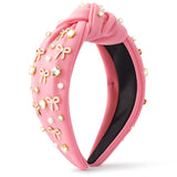 PANTIDE Coquette Pink Bow Jeweled Knotted Headband - Rhinestone Crystal Pearl Embellished Preppy Trendy Headband Wide Top Knot Non Slip Fashion Hair Accessories Birthday Gift for Women Girls (Pink)