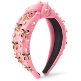 PANTIDE Coquette Black Bow Jeweled Knotted Headband - Rhinestone Crystal Embellished Preppy Trendy Headband Wide Top Knot Non Slip Fashion Hairband Hair Accessories Birthday Gift for Women Girl (Pink)