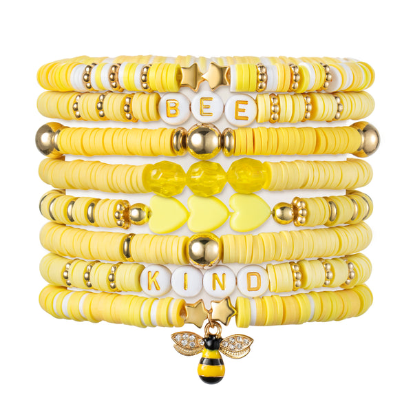 PANTIDE 8Pcs Bee Heishi Bracelets Set Colorful Preppy Bee Kind Heart Star Beaded Polymer Clay Stackable Stretch Charm Layering Bracelets Boho Y2K Kidcore Spring Summer Beach Jewelry for Women Girls